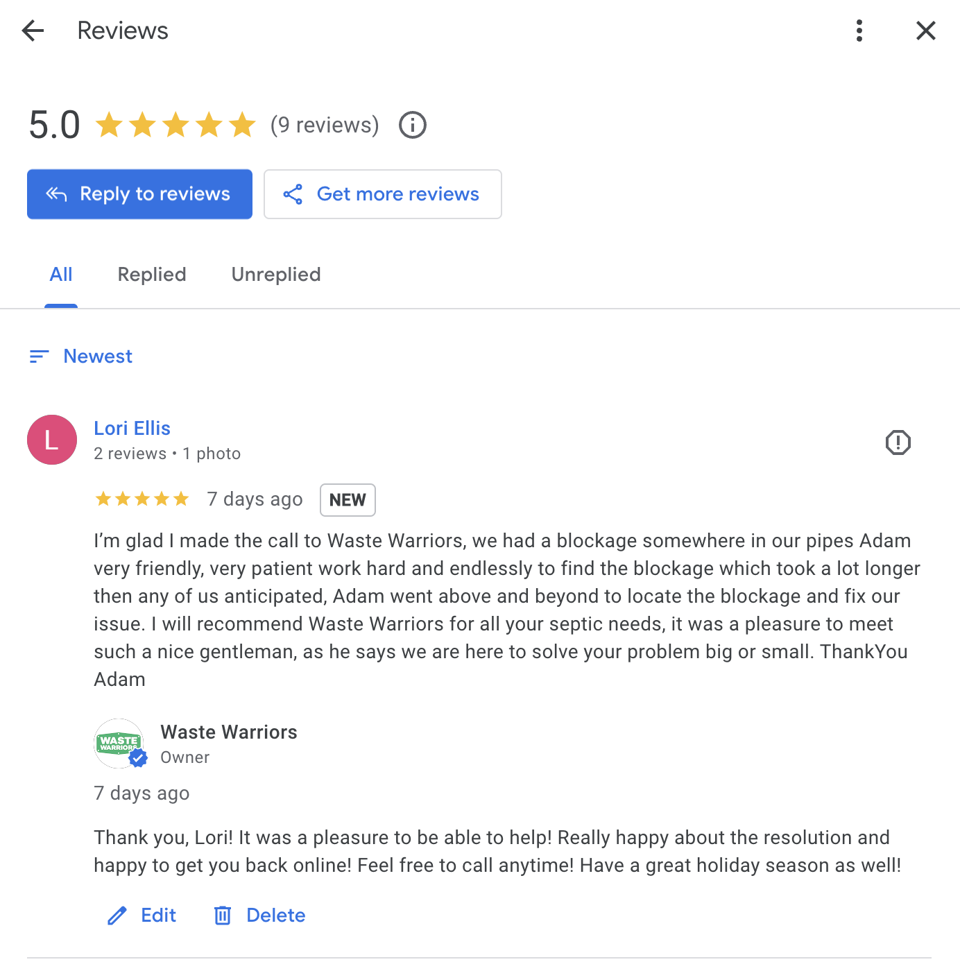 Screenshot of a Google reviews page with a 5-star rating, 9 reviews at the time, and a highlighted review from Lori Ellis about Waste Warriors, praising their customer service and resolving a plumbing blockage.
