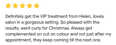 Text about getting VIP treatment from Helen at a salon, mentioning Christmas, and satisfaction with the results.