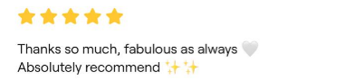 Customer reviews showing five-star ratings and a message praising the product or service.