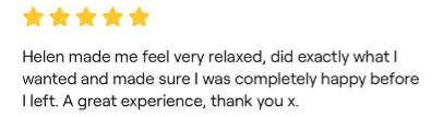 Customer review with five stars and positive feedback about Helen, mentioning relaxation and happiness.