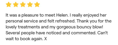 Customer review expressing satisfaction with a service, mentioning meeting Helen and her personal care.