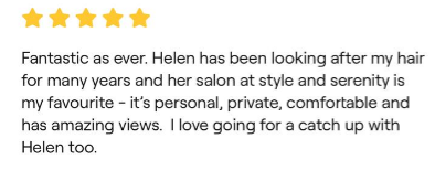 Screenshot of a text review praising Helen for her hair and salon services.