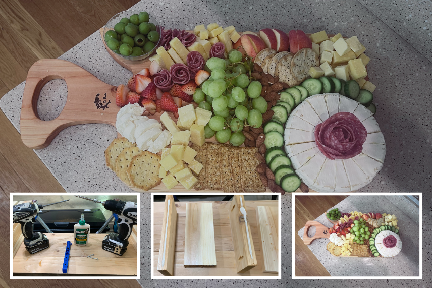 Custom charcuterie board creations, hand-made wood boards for charcuterie and gifts in Winchester, Virginia. It is a photo from the Rev Boards and Grazing with a sample of one of their boards as the main photo. On each side, there's a little collage