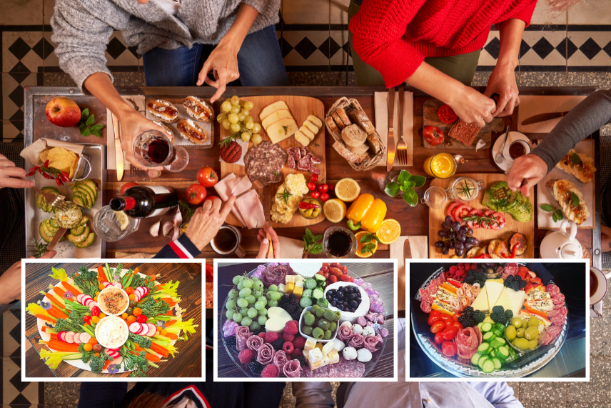 Photo of a gathering. 4 people sitting at a table enjoying a variety of charcuterie boards. There are 3 pictures underneath, one of each style of charcuterie boards by LaReve Grazing and Boards in Winchester, VA.