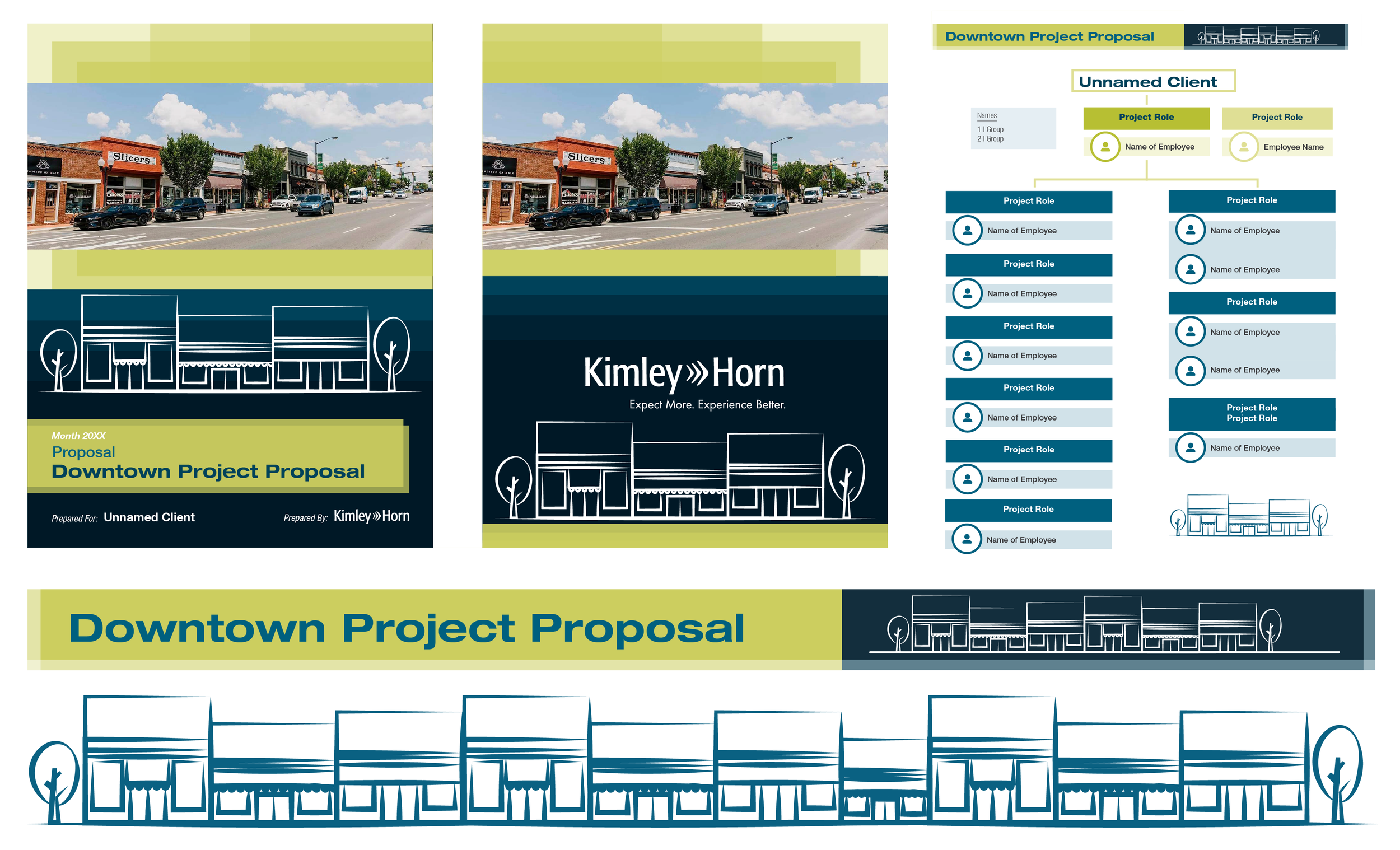 Request for qualifications proposal design: Front cover, back cover, header, organizational chart, and assets for Downtown Project Proposal for Kimley-Horn
