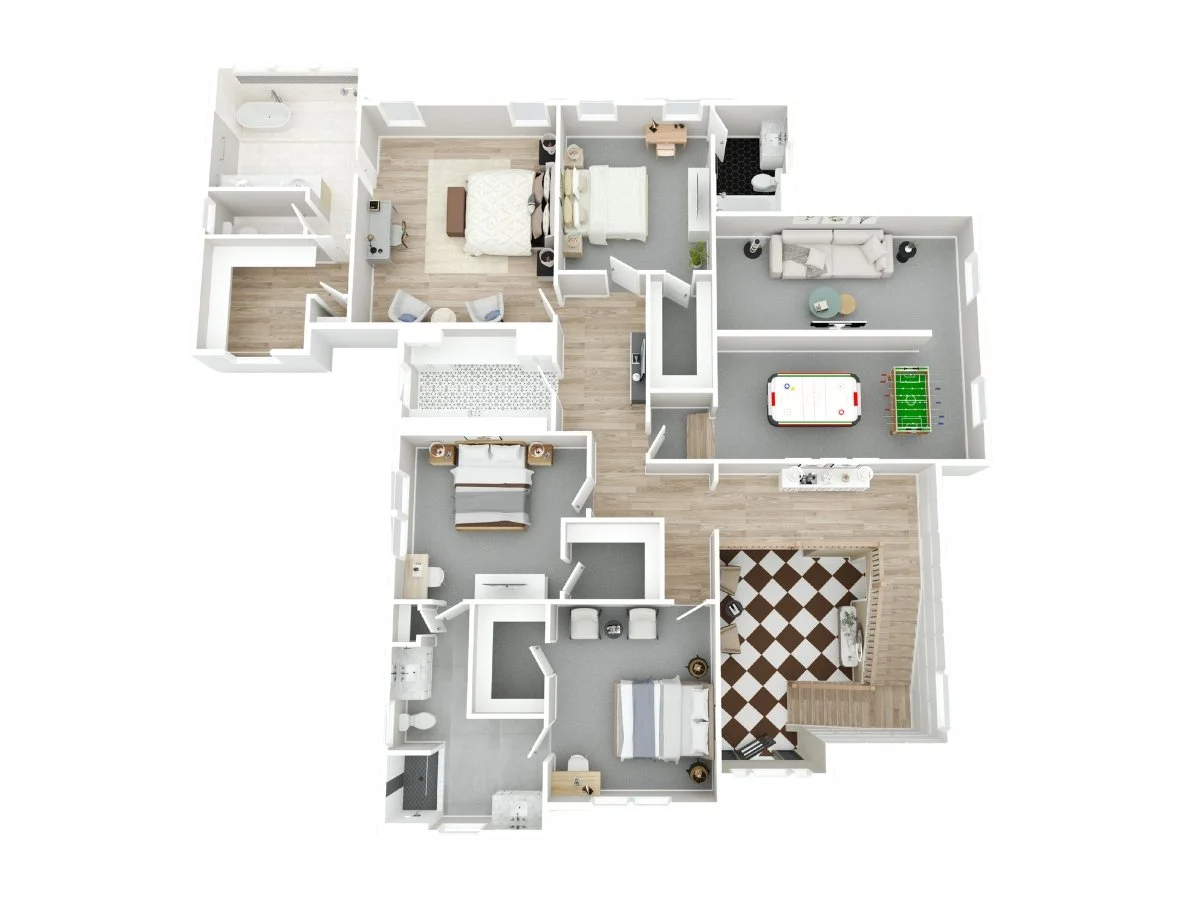Floor plan of a modern apartment with two bedrooms, a living room, a game room with foosball and air hockey, a kitchen, and bathrooms.