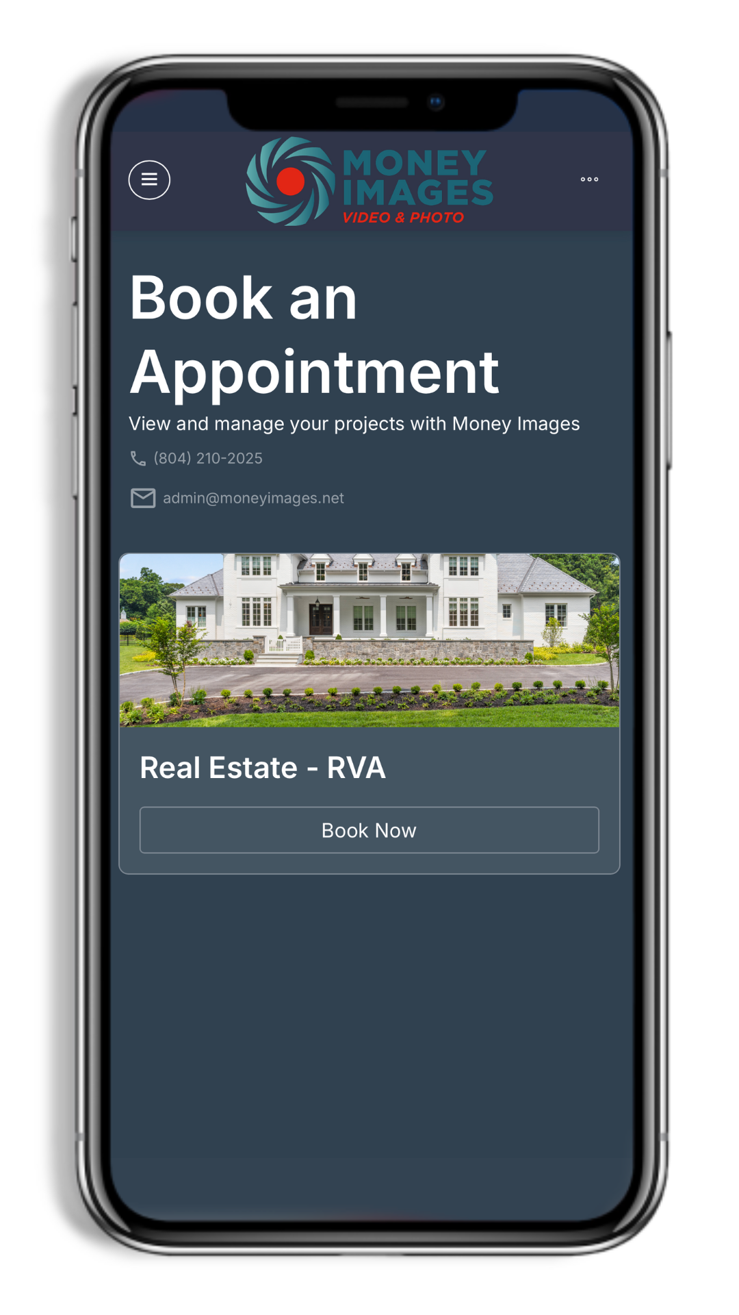 Mobile phone screen showing a webpage for booking an appointment with Money Images, a video and photo service company. The webpage features a header with the company logo, contact information, and a picture of a house labeled as Virginia Real Estate, with a 'Book Now' button.