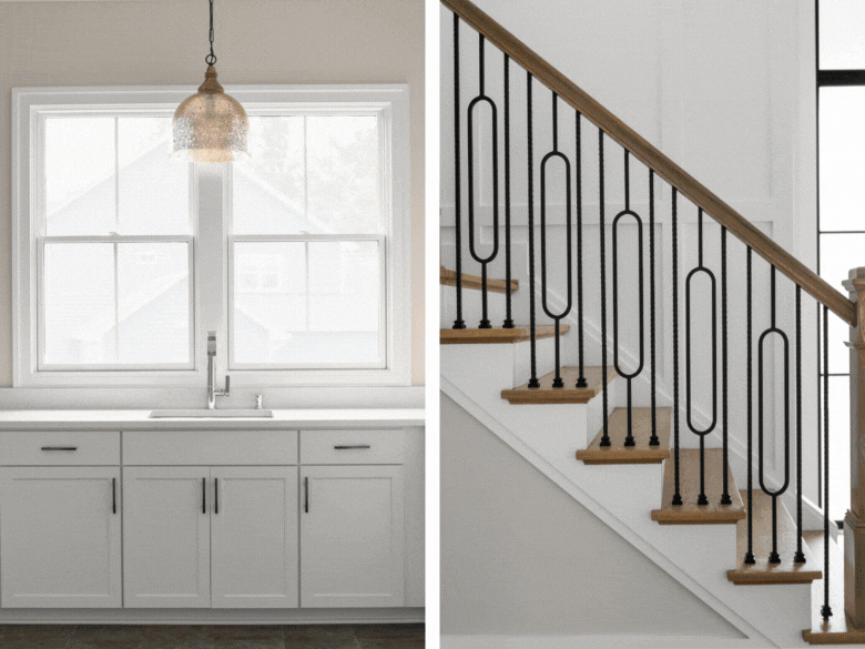 Split view of a kitchen and staircase, with a white window, cabinet, and sink on the left, and a wooden staircase with black iron balusters on the right.