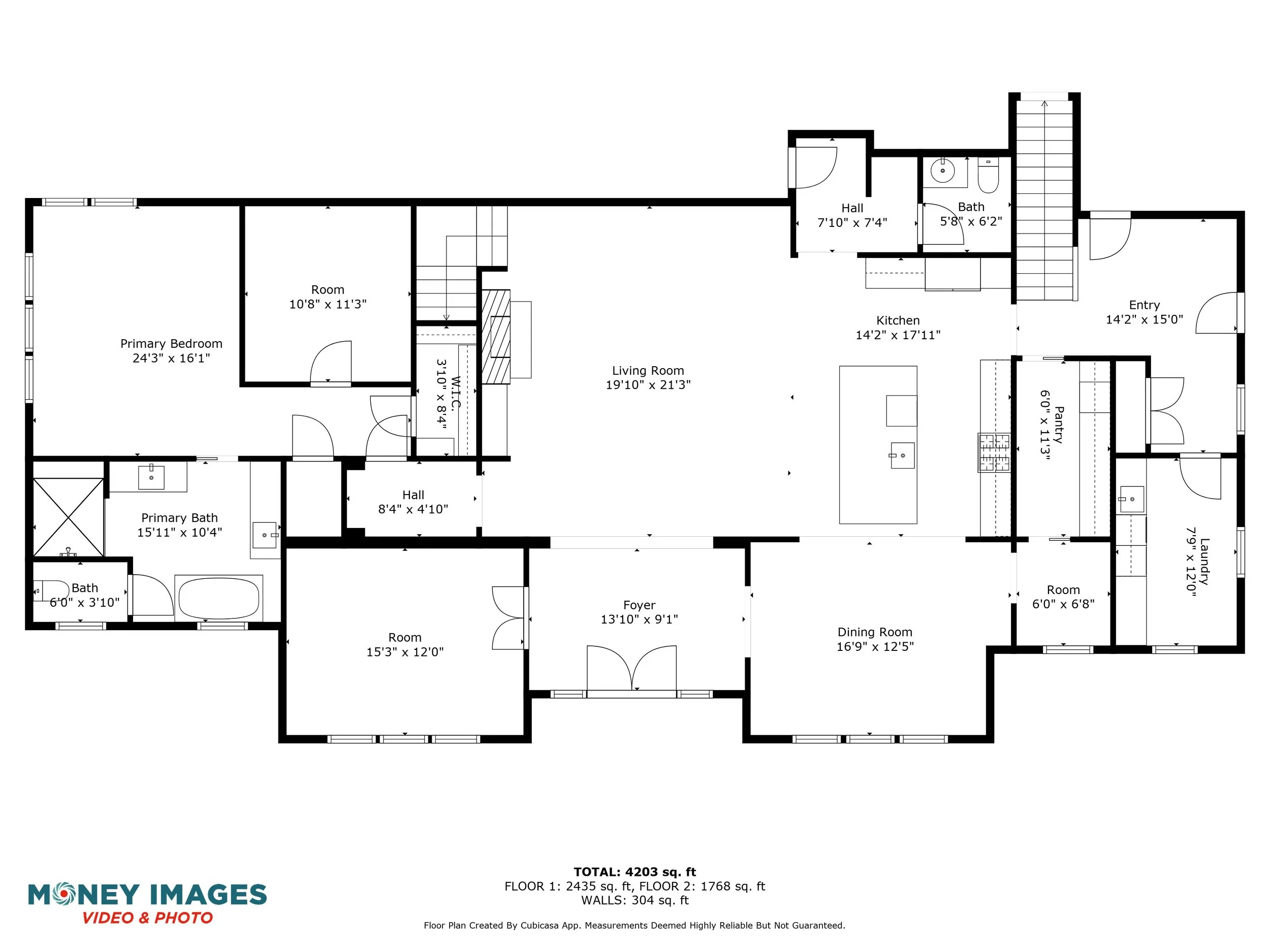 Floor plan layout of a house showing rooms, measurements, doors, and walls with labeled areas such as primary bedroom, living room, kitchen, bathrooms, and entry.