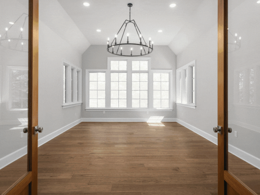 Empty room with large windows, hardwood floors, a chandelier, and white walls, viewed through a glass door.