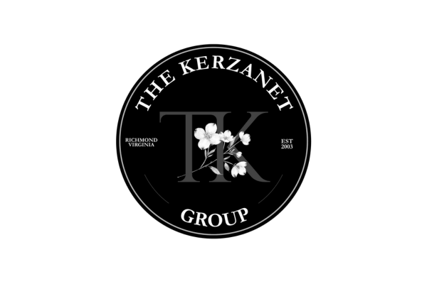 Logo for The Kerzanet Group, Richmond Virginia, established 2003, with a black background, white text, and floral design in the center.