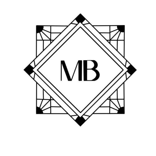 A logo features the letters "MB" inside a diamond shape, with a decorative border and geometric patterns around it.