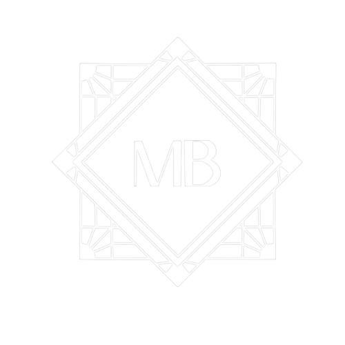 A black and white geometric logo featuring a central diamond shape with the letters "MB" inside, surrounded by an intricate border of lines and shapes.