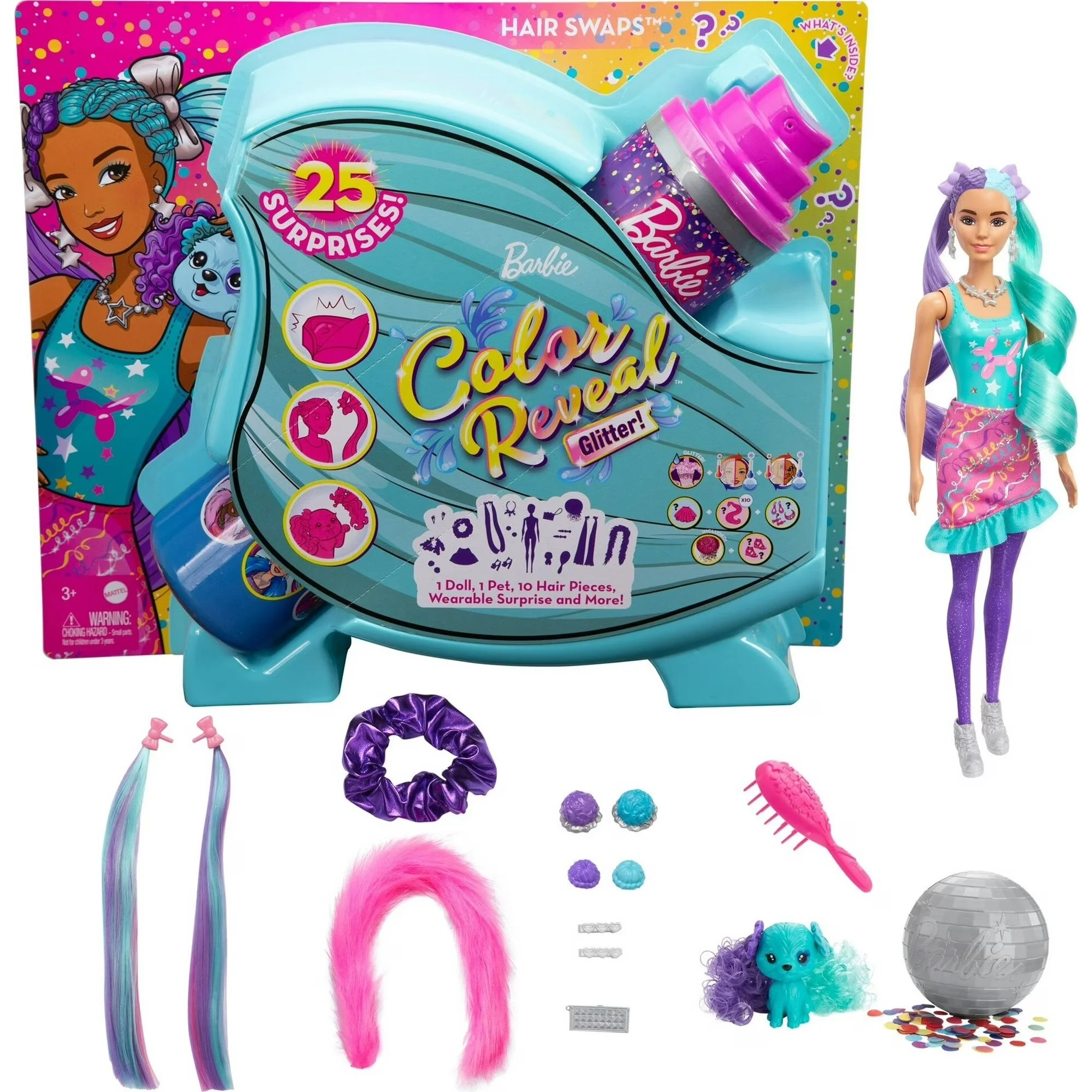 Barbie Color Reveal Glitter! Hair Swaps Doll, Glittery Purple with 25 Surprises