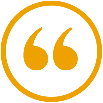 An orange quotation mark circle with black background, representing a quote symbol.