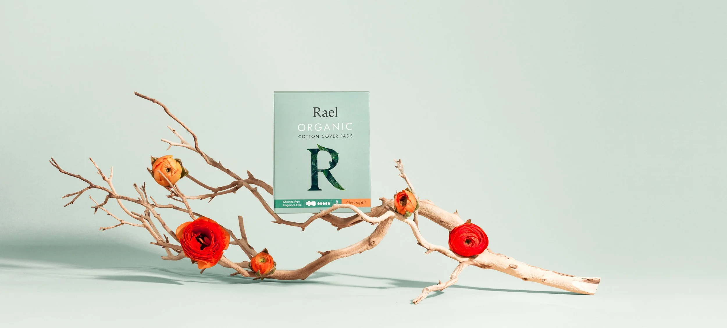 Image of Rael box packaging on wooden branch with flowers.