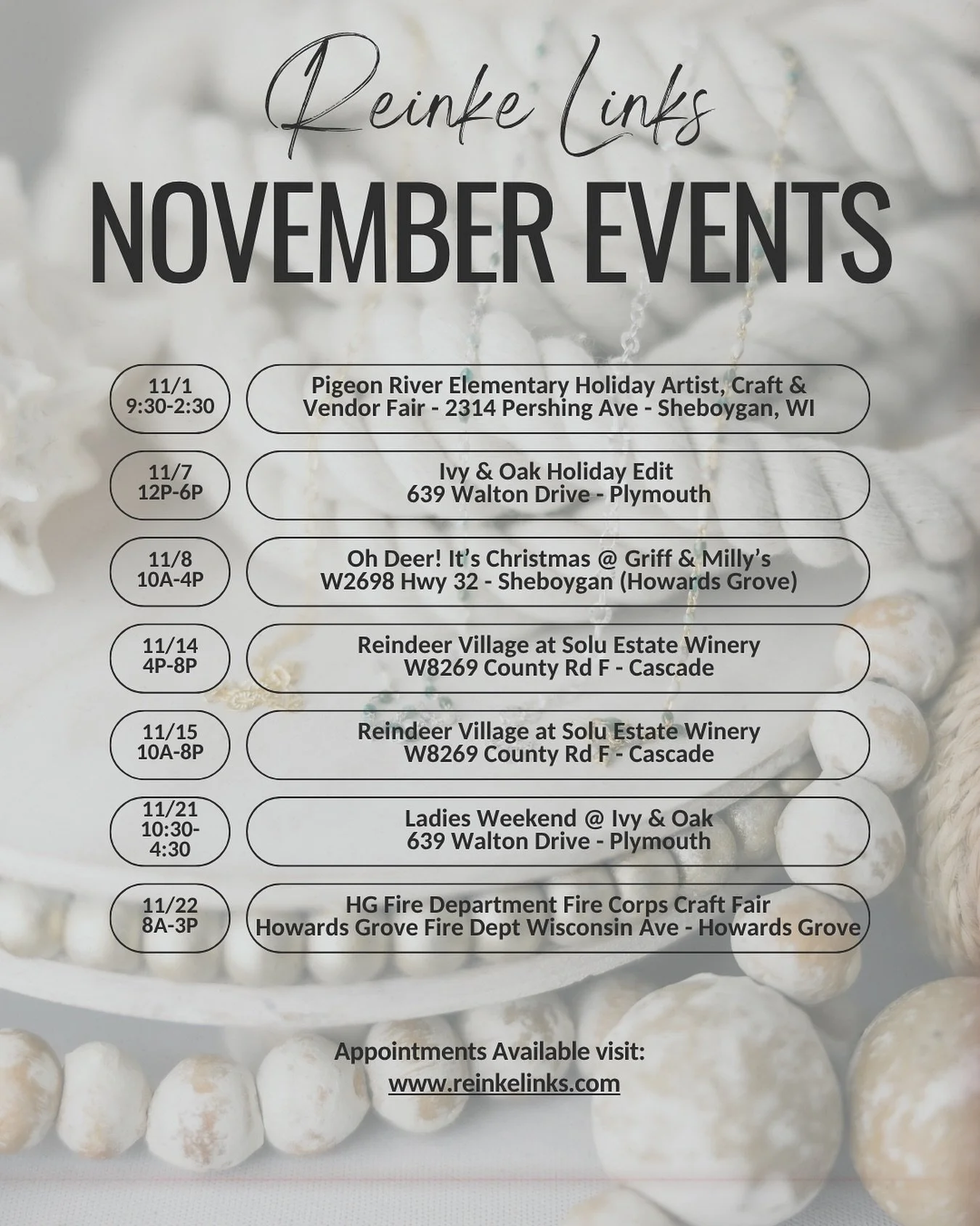 The November Schedule is HERE &mdash; and it&rsquo;s packed with sparkle! 

From festive vendor events to cozy pop-ups at your favorite local boutiques, Reinke Links is on the move this month and I couldn&rsquo;t be more excited for the holiday seaso