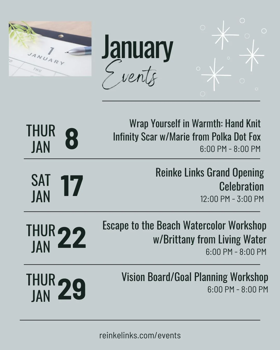✨ Let's Bring Some Magic to Your Winter this January at Reinke Links! ✨

We&rsquo;re bringing the warmth, creativity, and connection into the studio with an exciting lineup of workshops and events that will chase those winter blues away!

🧶 January 