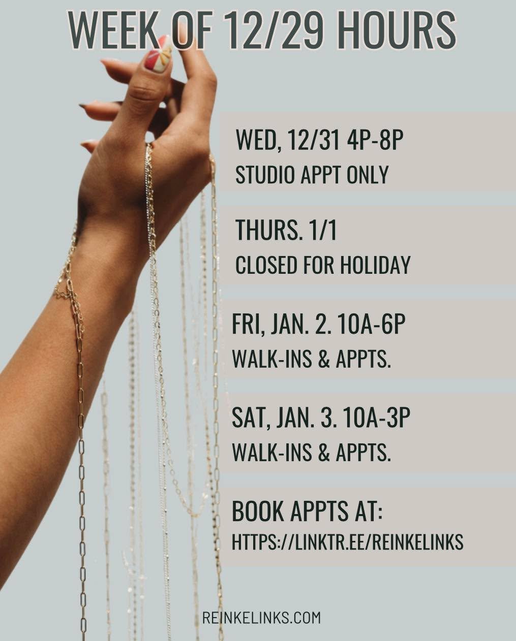 ✨ Ring in the New Year with a little extra sparkle! ✨

We&rsquo;re open Wednesday, Dec 31 (New Year&rsquo;s Eve) from 4&ndash;8pm by appointment only &mdash; perfect timing to add a fresh piece of bling before the ball drops! 🎉

🎆 Closed Thursday f