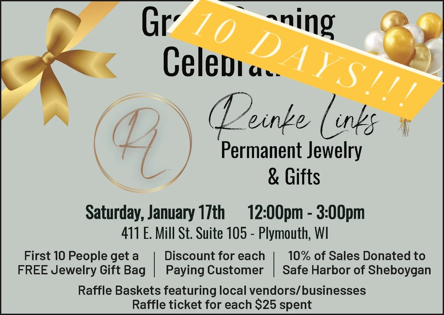 We&rsquo;re counting down the days! Mark your calendars for Jan 17th, 12&ndash;3 PM. Ribbon cutting at noon! 🎀 
#reinkelinks #plymouthwisconsin  #grandopening