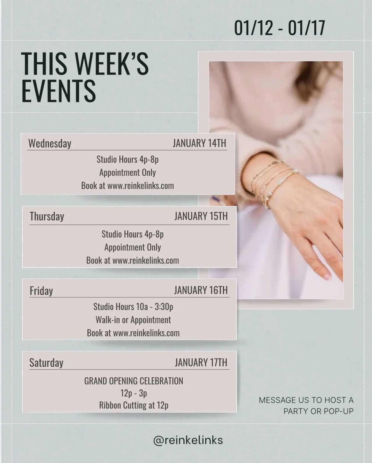 It&rsquo;s a BIG week at Reinke Links! Here&rsquo;s what&rsquo;s happening:

📅 Wed &amp; Thurs | 4&ndash;8 PM
➡️ By appointment only &ndash; enjoy the studio all to yourself! Perfect time to pick out that special piece or get linked in a peaceful, p