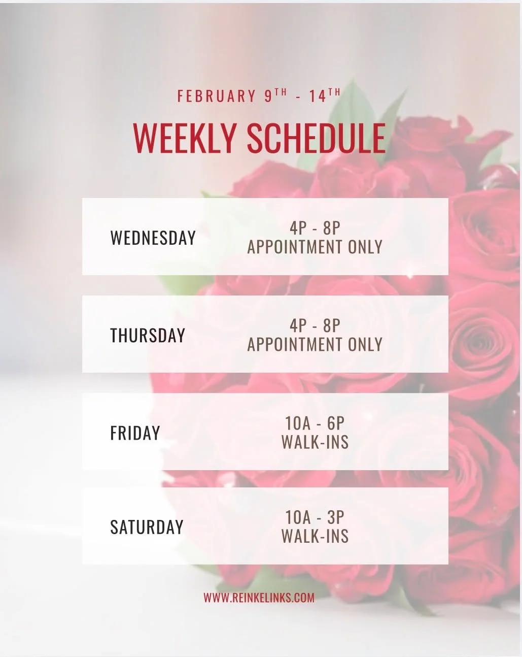 💘 Valentine&rsquo;s Week at Reinke Links 💘

Celebrate love, connection, and a little sparkle with us this week at the studio!

Every purchasing guest this week will receive a FREE gift (while supplies last).
Friday &amp; Saturday only: You'll also 