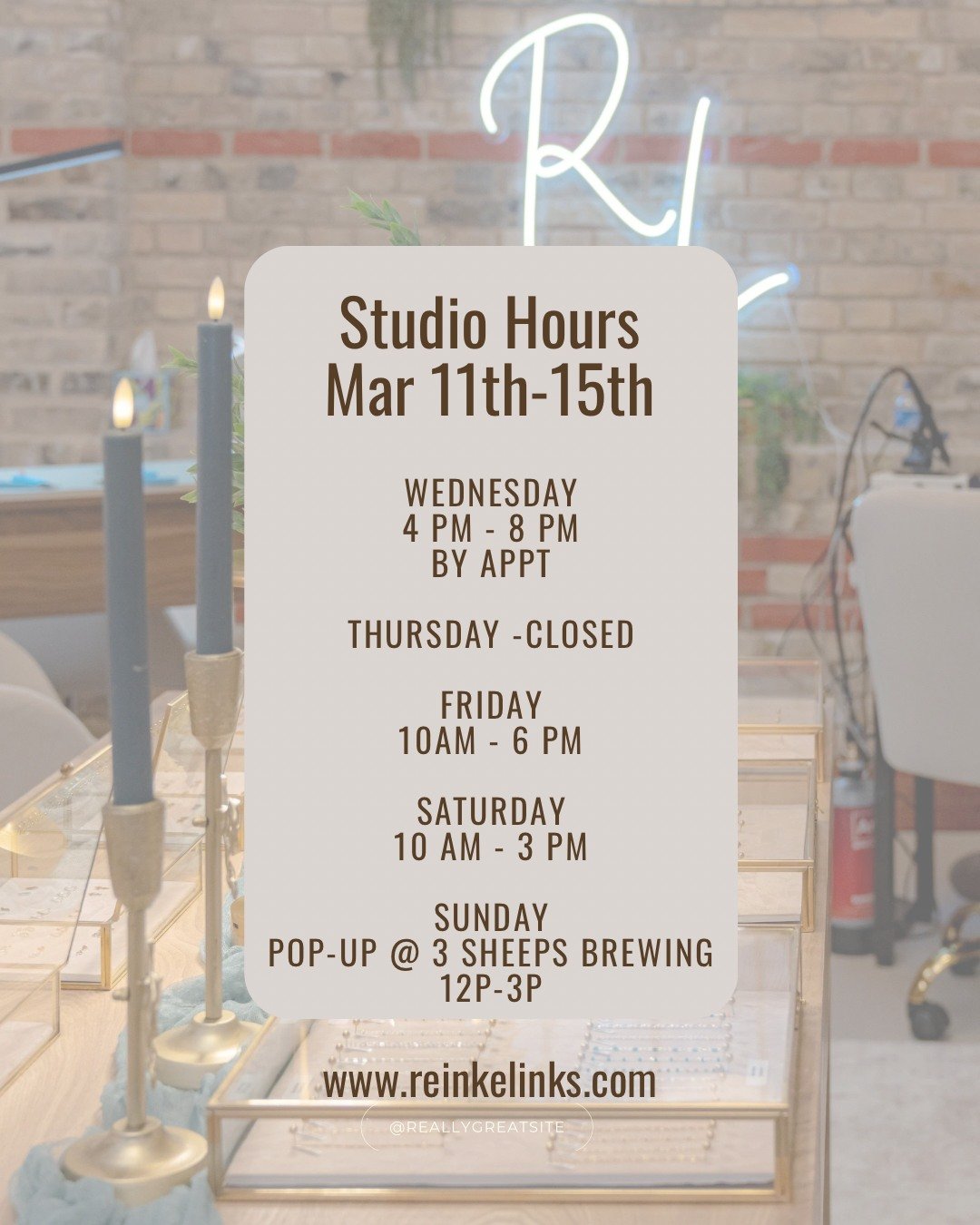 This week at Reinke Links

A little bit of everything this week &mdash; studio time, events, and a fun pop-up to support a great cause.

Wednesday | 4&ndash;8 PM
✨ Appointment Only

This is the only appointment-only day this week, so if you&rsquo;re 