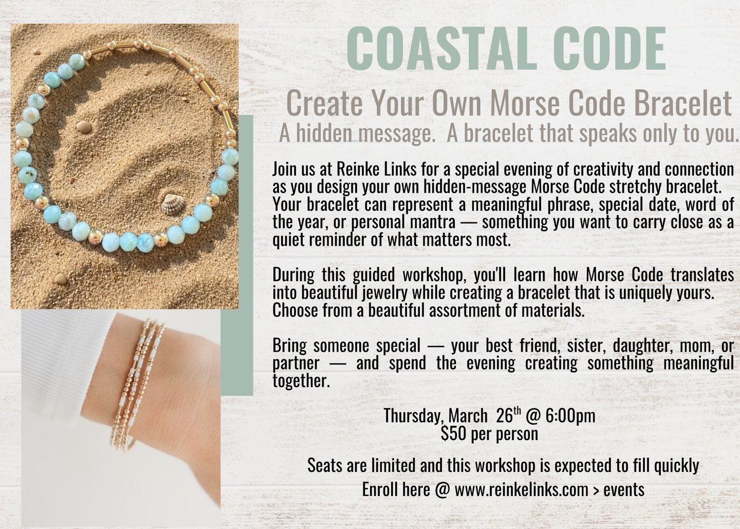 We have just three seats left for this Thursday&rsquo;s Coastal Code Workshop, and it&rsquo;s shaping up to be such a special evening.

A chance to slow down, create something meaningful, and spend a little time connecting &mdash; whether you come wi