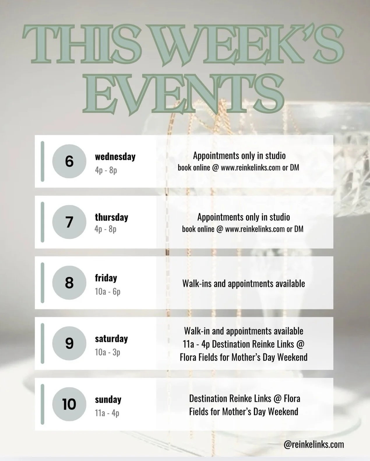 UPDATE to Flora Fields hours!! It&rsquo;s going to be a good one at Reinke Links this week!!

Wednesday &amp; Thursday | 4&ndash;8 PM
By appointment only
Book at reinkelinks.com or DM

Friday | 10 AM &ndash; 6 PM
Saturday | 10 AM &ndash; 3 PM
Walk-in