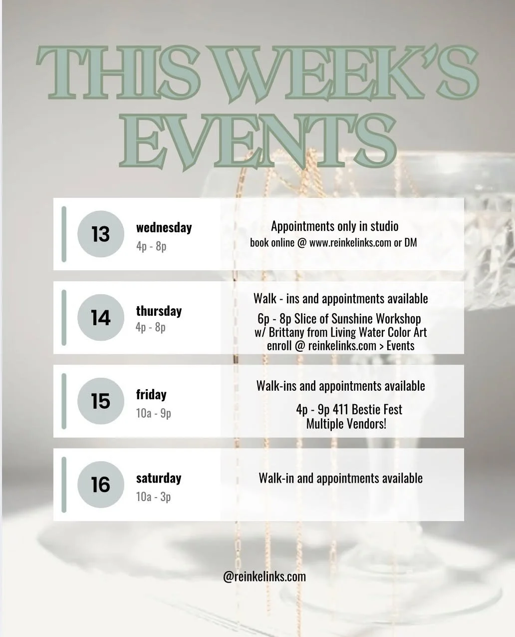 Another fun week ahead at Reinke Links 

Wednesday | 4&ndash;8 PM
By appointment only
Book at www.reinkelinks.com

Thursday | 4&ndash;8 PM
Walk-ins welcome or book an appointment

Slices of Sunshine Watercolor Workshop | 6&ndash;8 PM
with Brittany fr
