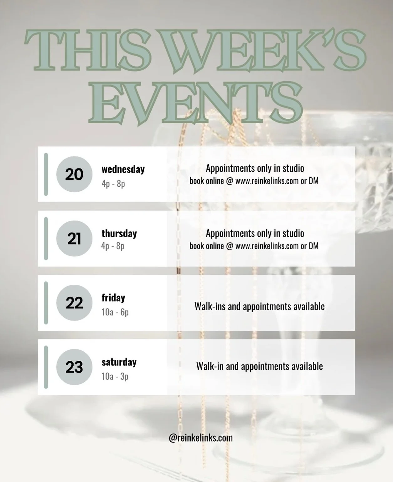 A quieter week over here at Reinke Links&hellip; and honestly, we&rsquo;re not mad about it ✨

Just a good week to slow down, stop in, and create something meaningful.

Wednesday &amp; Thursday | 4&ndash;8 PM 
By appointment only 
Book at www.reinkel