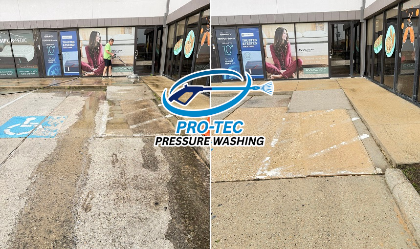 This before and after shows the results of commercial parking lot pressure washing. Pro-Tec removes oil stains, dirt, and grime from concrete to improve safety and curb appeal for commercial properties.