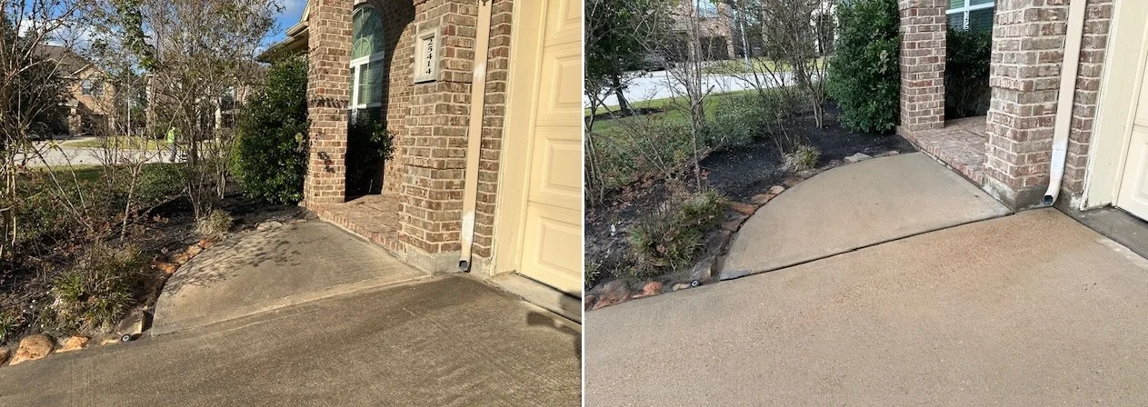 Before and after images of a concrete driveway repair. The left image shows the damaged, uneven driveway with cracked concrete near the garage. The right image shows the same area after it has been repaired, with smooth, new concrete filling the prev