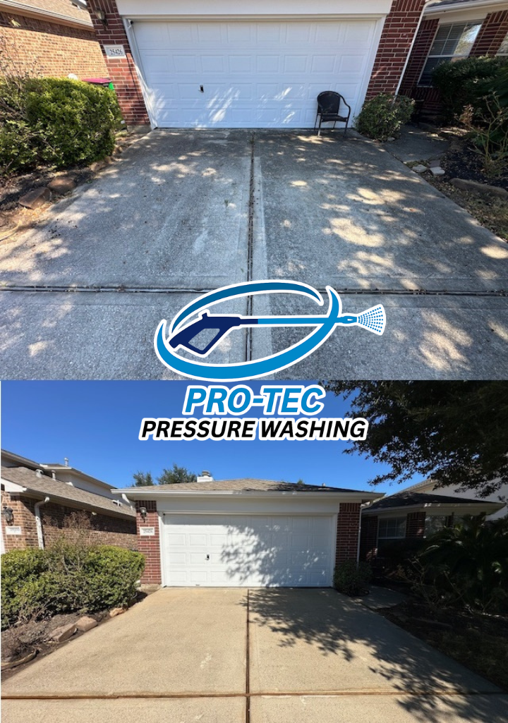 Side-by-side photos of a house's driveway before and after pressure washing. The top photo shows a dirty, stained driveway, while the bottom photo displays the same driveway cleaned and brightened.