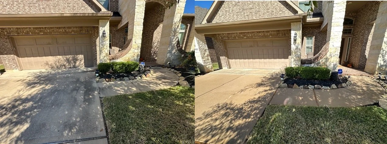 Before and after comparison of a driveway and front yard, showing repair and cleaning of the concrete surfaces.