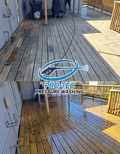 Before and after Deck Cleaning by Pro-Tec Pressure Washing. Our professional deck cleaning service removes dirt, algae, and mildew to restore wood decks for homeowners in the Houston area.