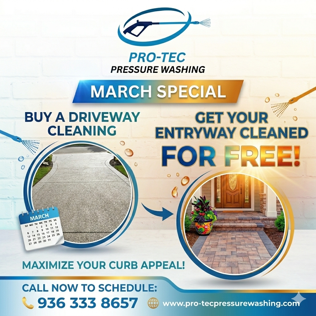 A promotional flyer for Pro-Tec Pressure Washing offering a March special where customers who buy a driveway cleaning get their entryway cleaned for free. The flyer features images of a clean driveway and a decorated entryway, along with contact information and a website address.