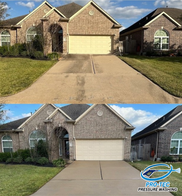 Two side-by-side house facades with driveways after pressure washing, with the top driveway looking dirtier and the bottom cleaner, showing the difference after cleaning.