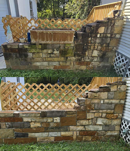 Side view of a brick retaining wall with a wooden lattice fence behind, showing before and after renovation images.
