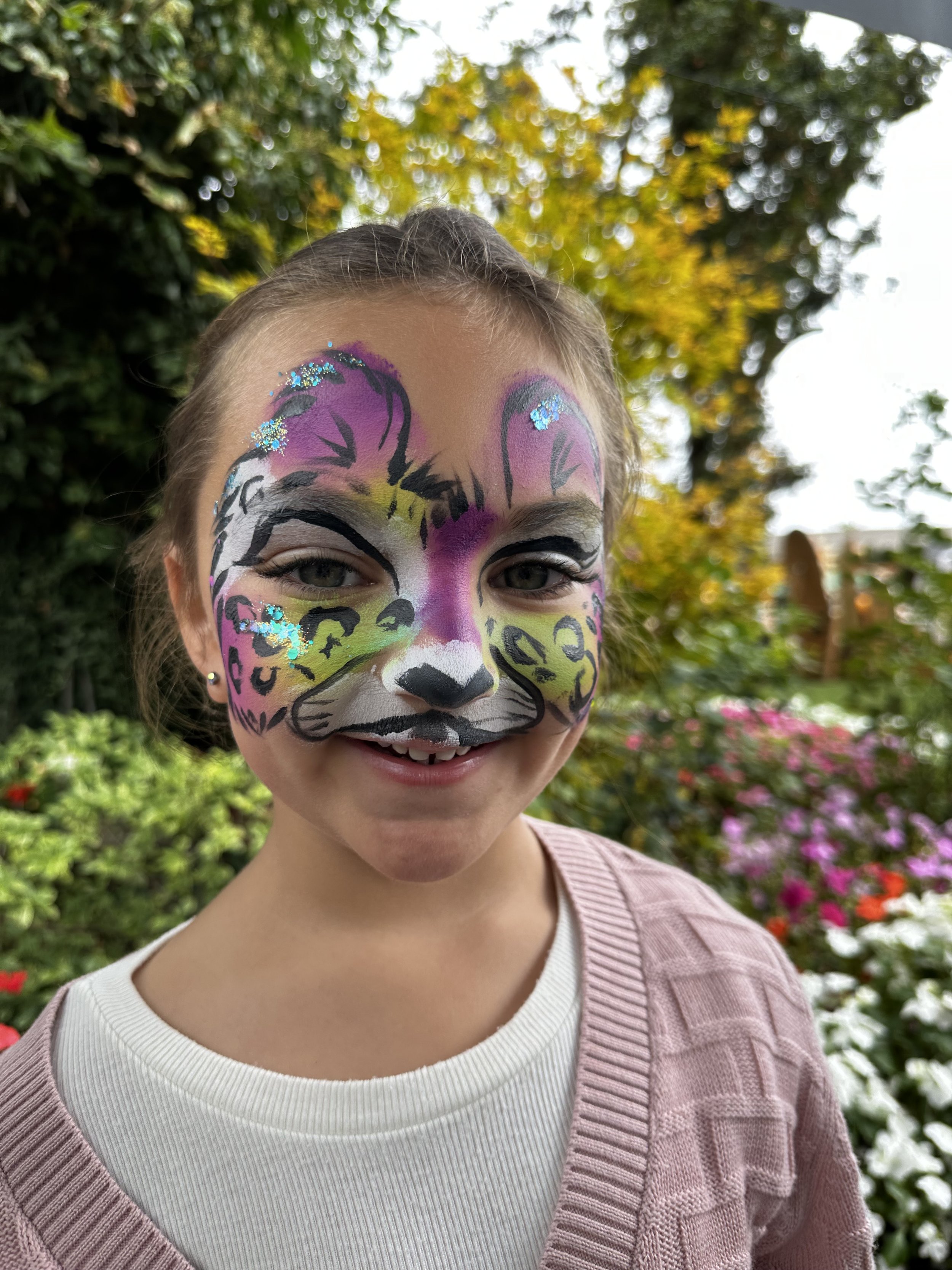 rainbow cheetah face painting eugene, Oregon