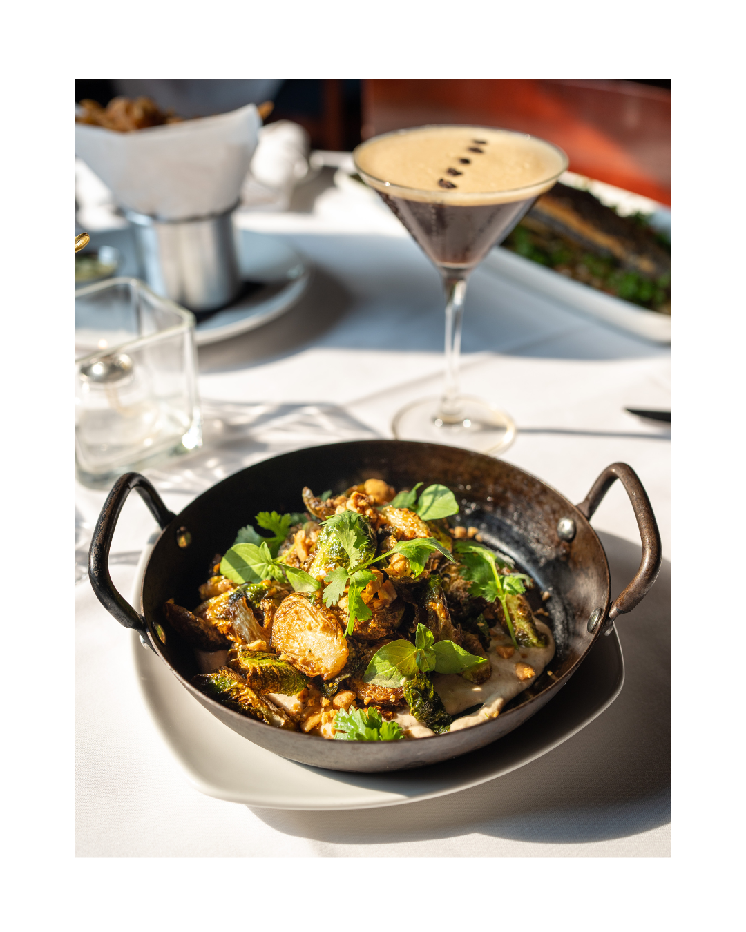 The ultimate 'Girl Dinner' includes Brussels Sprouts and an Espresso Yourself martini The Hackney Vodka, Borghetti, Kahlua, Frangelico, Espresso