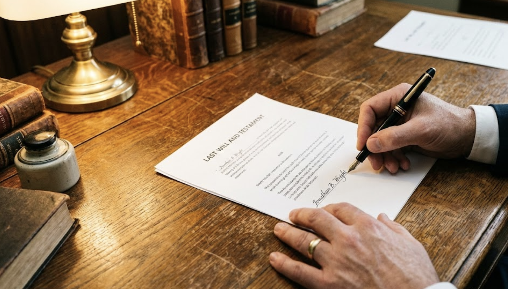 A person signing a formal document titled 'Last Will and Testate' at a wooden desk with antique books, a brass lamp, and ink bottles.