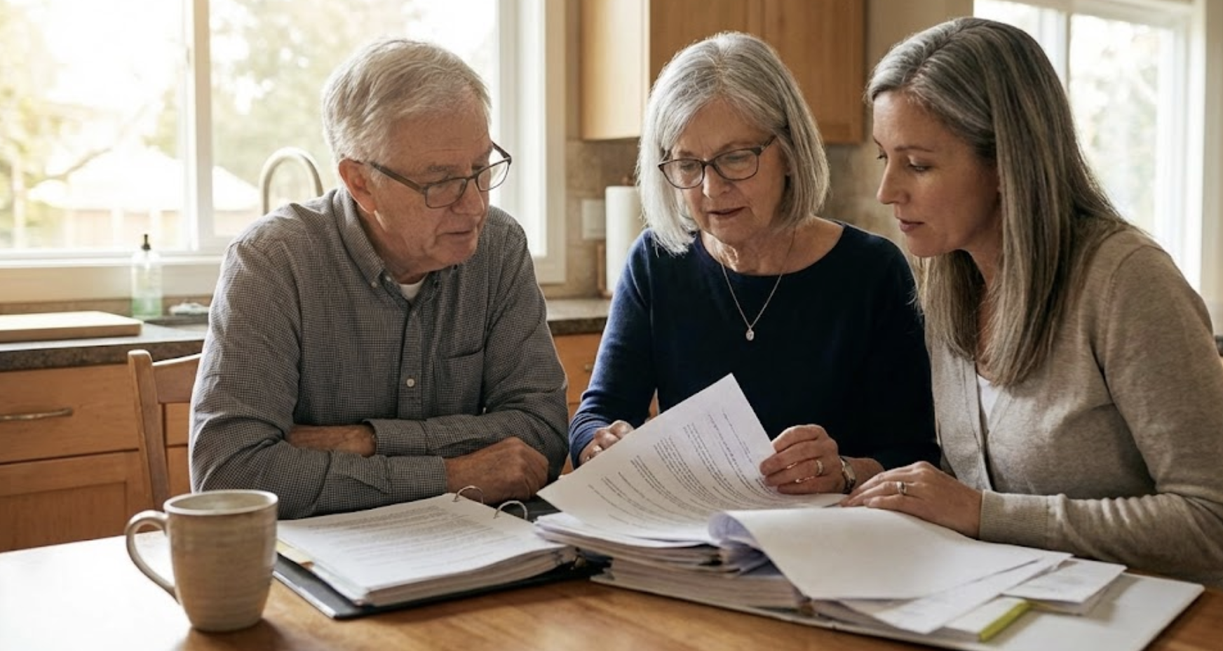 Three older adults seated at a kitchen table reviewing documents together.
