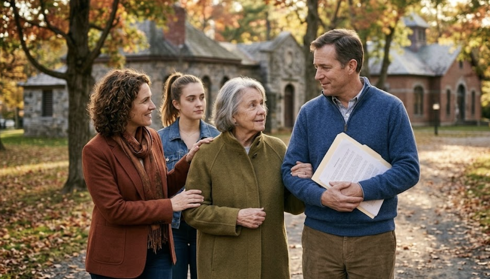 Family talking about adult guardianship while walking together