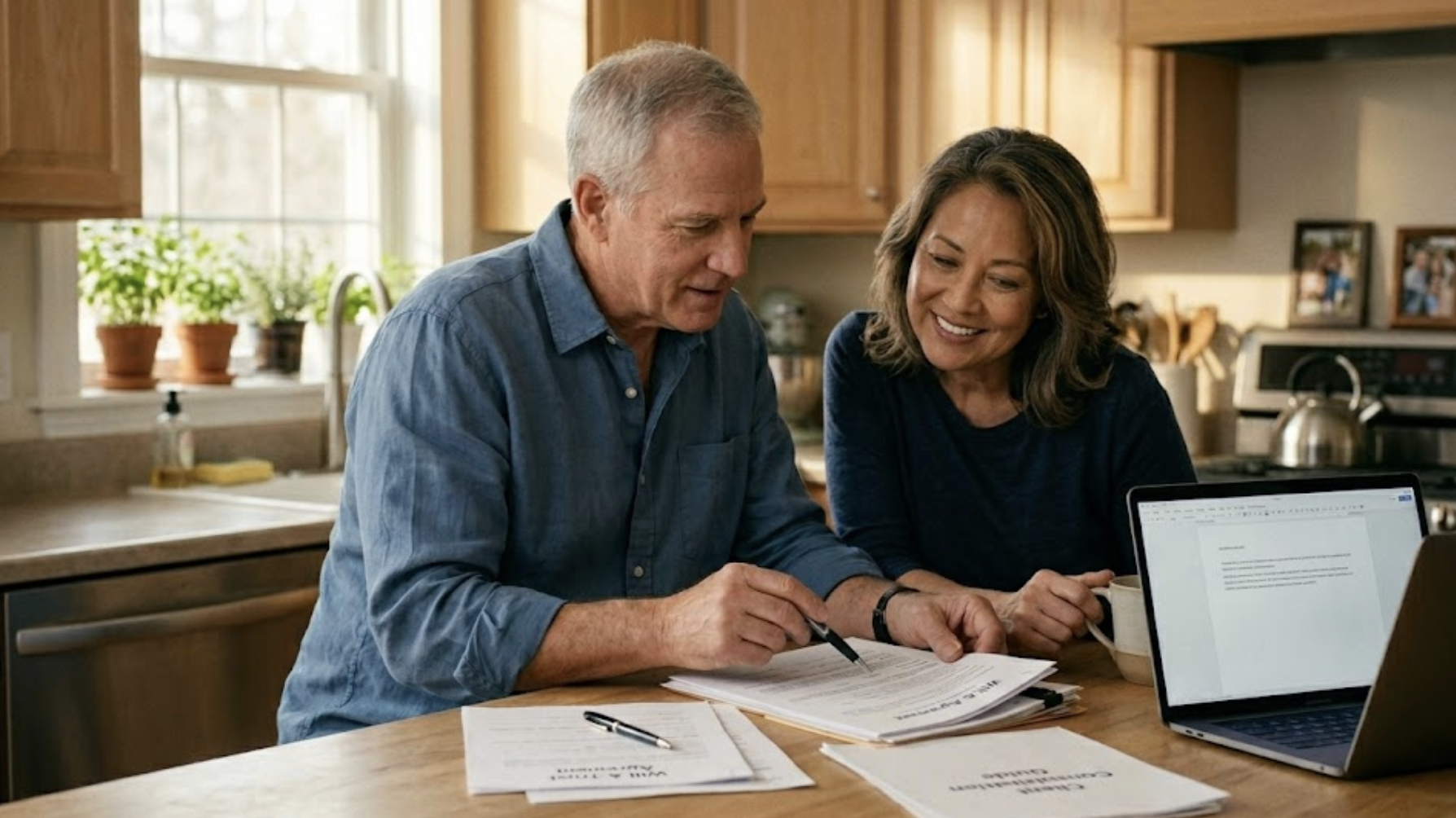 Couple in their 50s–60s reviewing documents together at home