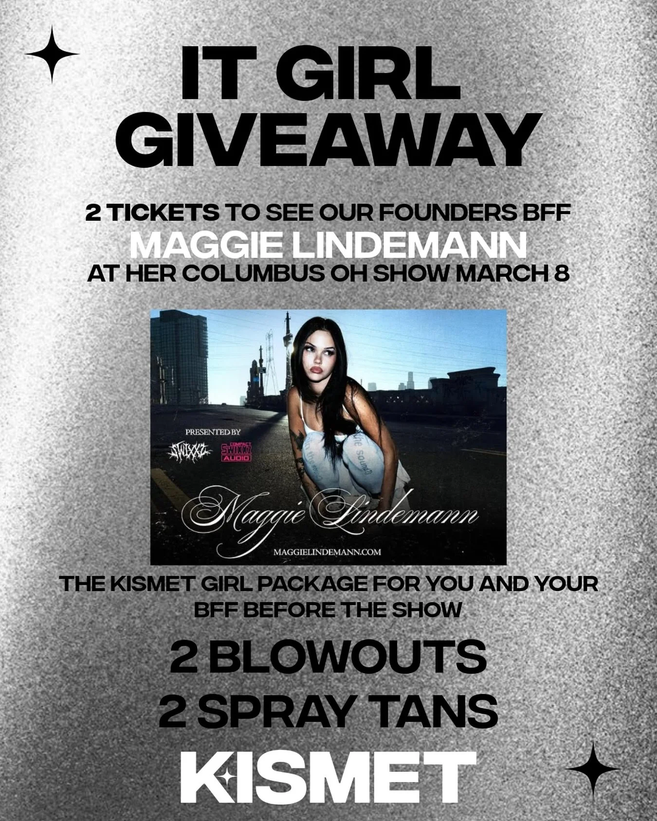 GIVEAWAY 🖤
We&rsquo;re sending you and your bestie to see our founder&rsquo;s bff Maggie Lindemann live in Columbus on March 8.

✨ 2 concert tickets
✨ blowout + spray tan to be show ready for you and your bff

How to enter:
&bull; repost this on you