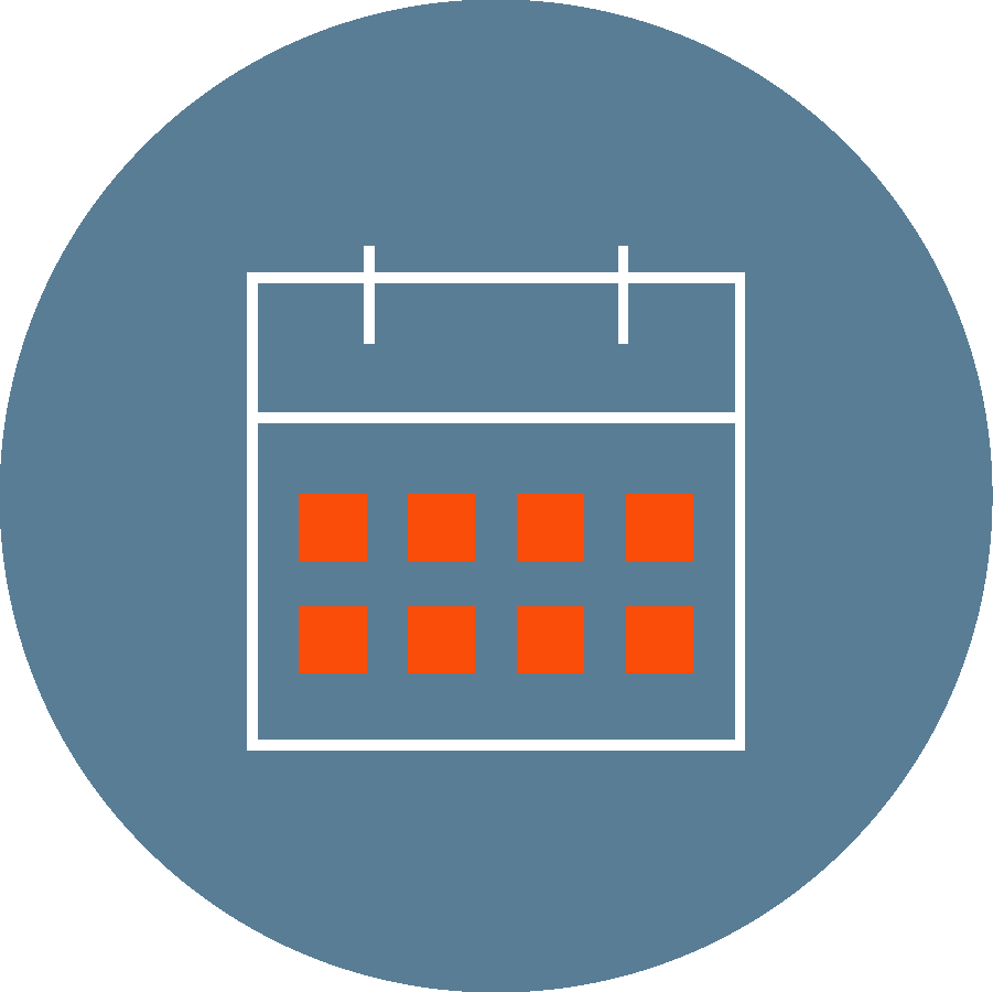 Icon of a calendar with red squares representing days on a dark blue circular background.