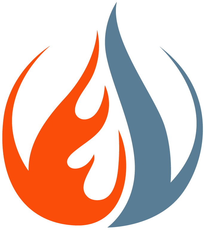 A logo featuring a flame and a blue water droplet intertwined.