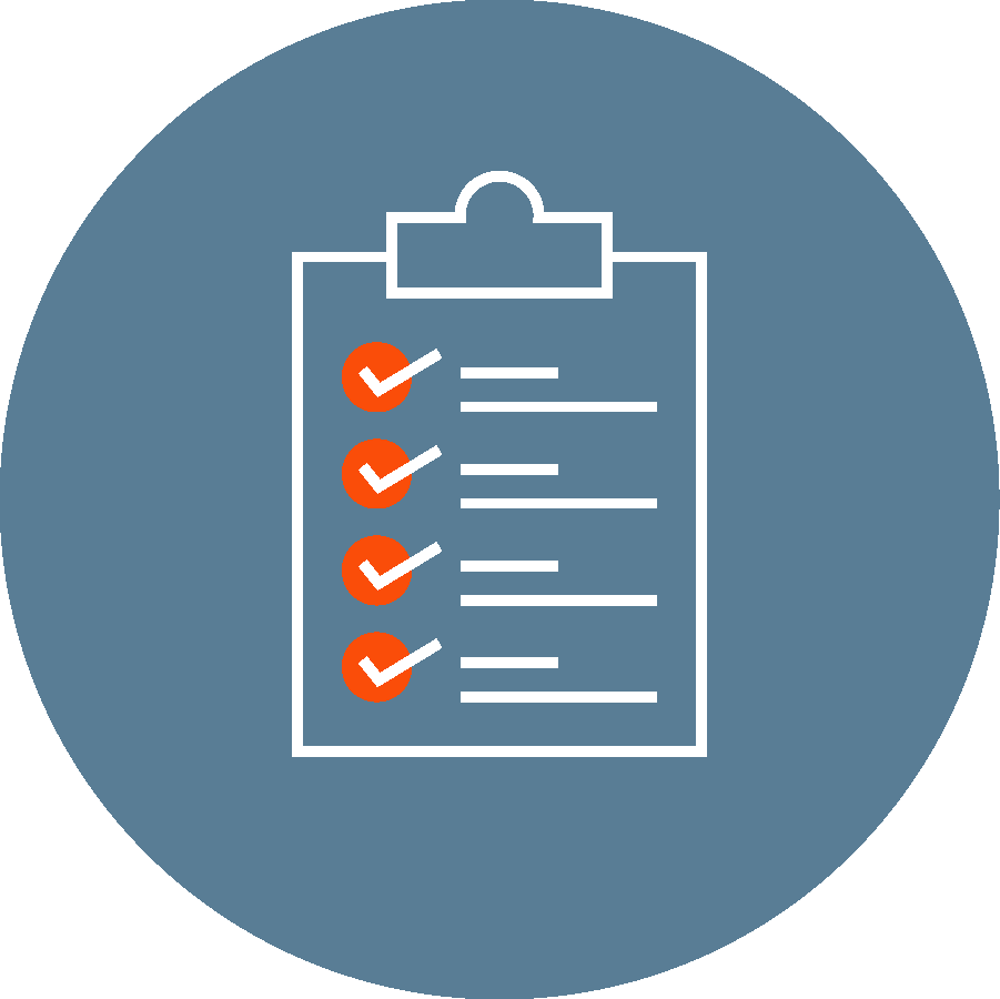 Icon of a clipboard with a checklist and four items checked off with red checkmarks.