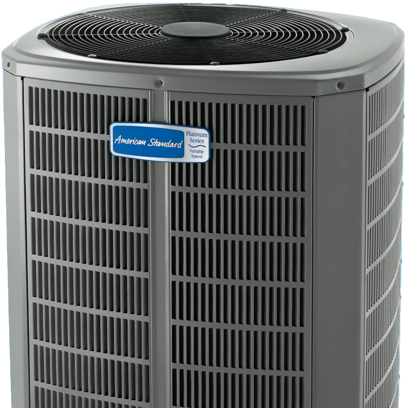 A gray American Standard outdoor air conditioning unit with a large top fan and a blue label indicating it's part of the Platinum Series with variable speed, located on a blue background.